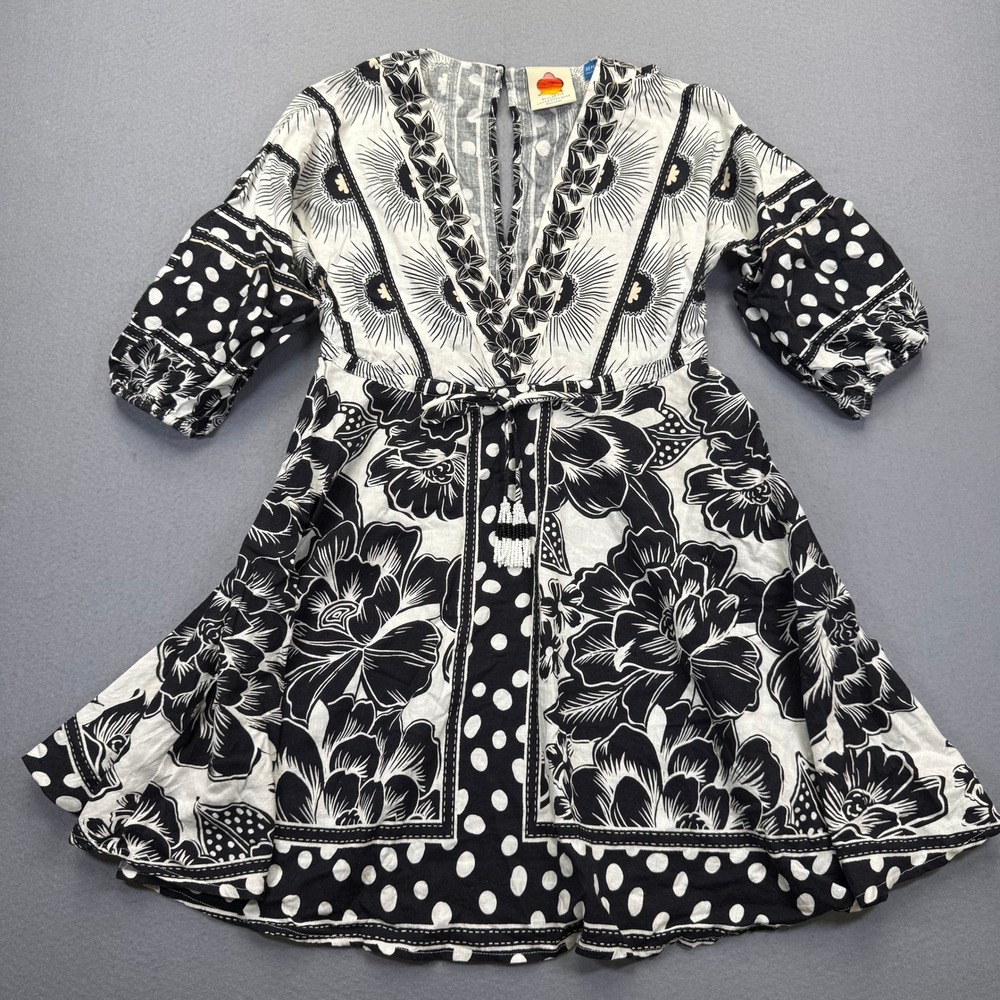 Farm Rio Anthropologie Womens XS Petite Black White Floral Polka Dot Linen Dress